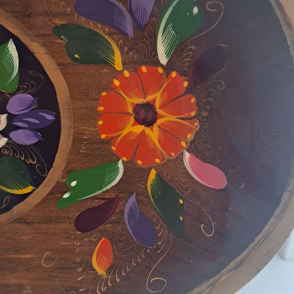 Vintage Hand painted, Mexican batea Boho Floral Gypsy Hippie Retro wood tray. - Picture 2 of 5